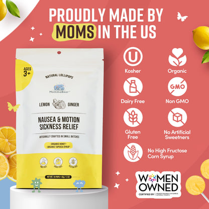 MommaBear Nausea & Motion Sickness Lollipops – Non-GMO Lemon & Ginger (10 Pack) for Kids 3+ & Pregnant Women