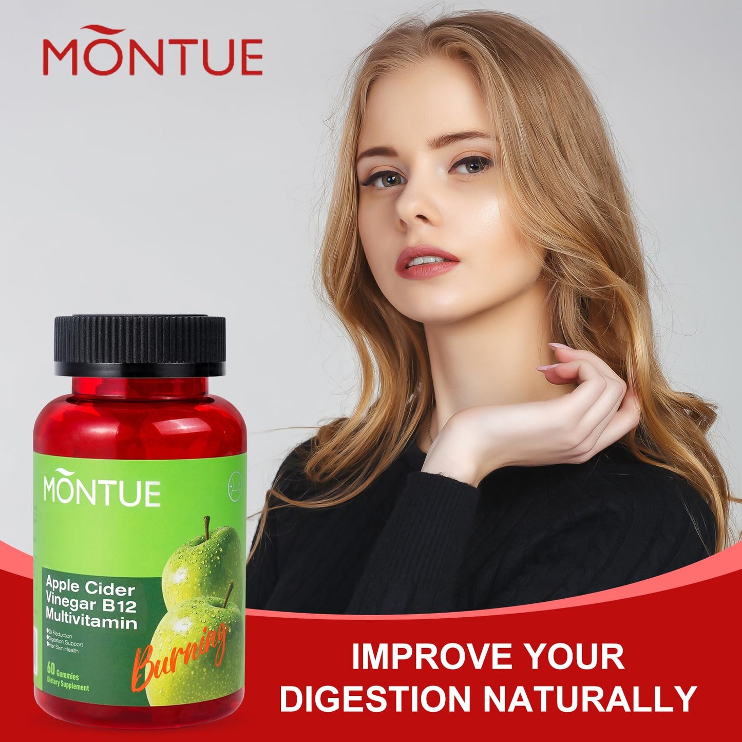 Montue Apple Cider Vinegar Gummies with B12 Multivitamin – ACV Supplement, Vegan, Non-GMO, 60 Gummies (30 servings) | Supports Energy & Gut Health