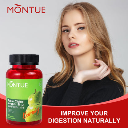 Montue Apple Cider Vinegar Gummies with B12 Multivitamin – ACV Supplement, Vegan, Non-GMO, 60 Gummies (30 servings) | Supports Energy & Gut Health