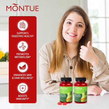 Montue Apple Cider Vinegar Gummies with B12 Multivitamin – ACV Supplement, Vegan, Non-GMO, 60 Gummies (30 servings) | Supports Energy & Gut Health
