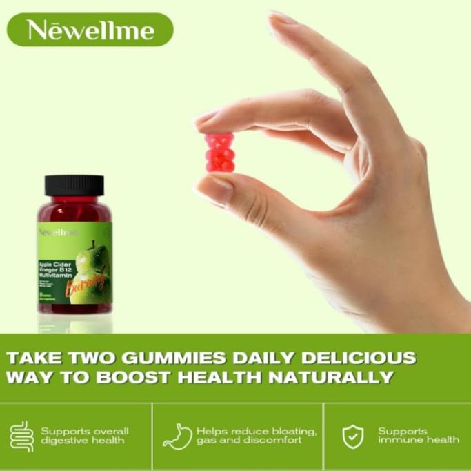 Montue NEWELLME Apple Cider Vinegar Gummies with B12 – Vegetarian ACV Supplement, 30 Gummies