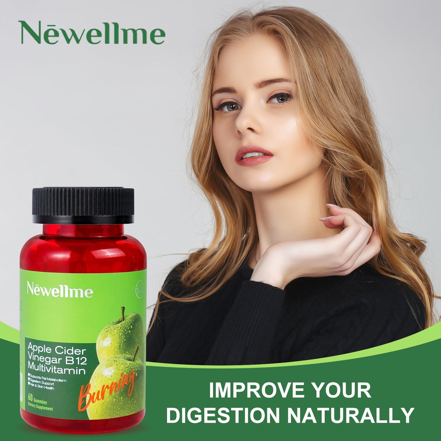 Montue NEWELLME Apple Cider Vinegar Gummies with B12 – Vegetarian ACV Supplement, 30 Gummies
