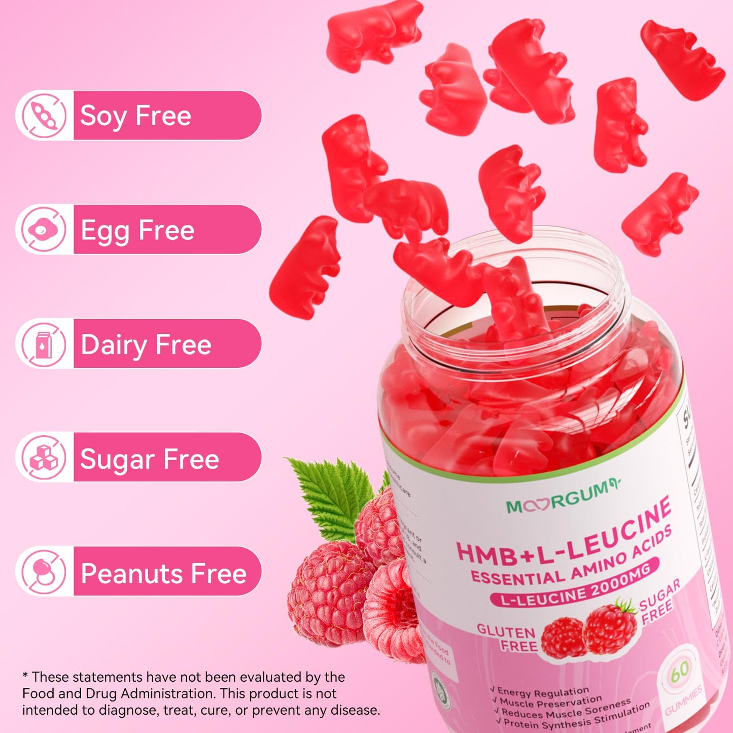 MOORGUMY HMB & L-Leucine Gummies – 2000mg L-Leucine, Calcium, Raspberry, 60 Count