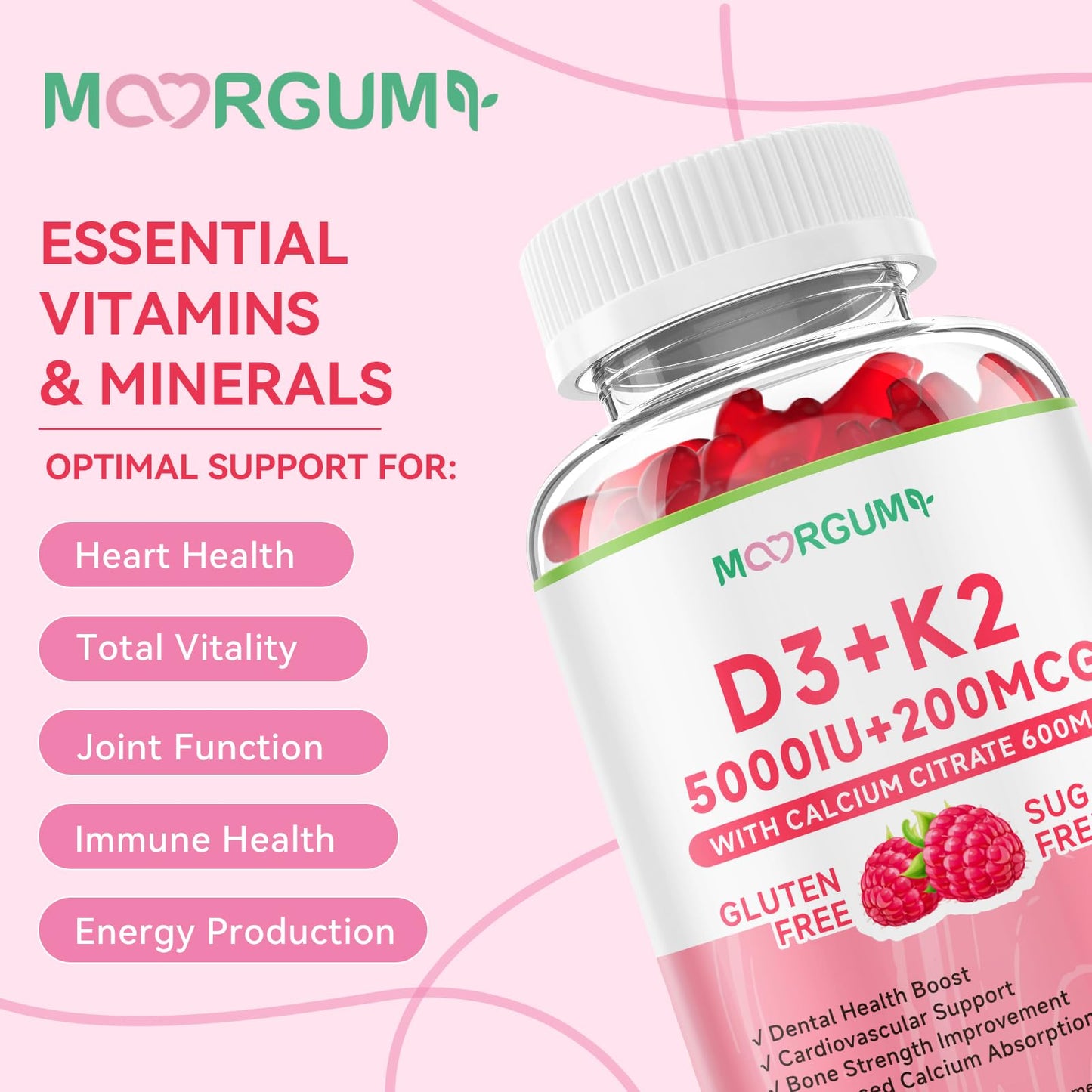 MOORGUMY Vitamin D3 K2 Gummies – 5000 IU D3, 200 mcg K2 MK-4 & MK-7, 600 mg Calcium – Supports Calcium Absorption, Healthy Bones, Immune & Heart Health – 60 Count