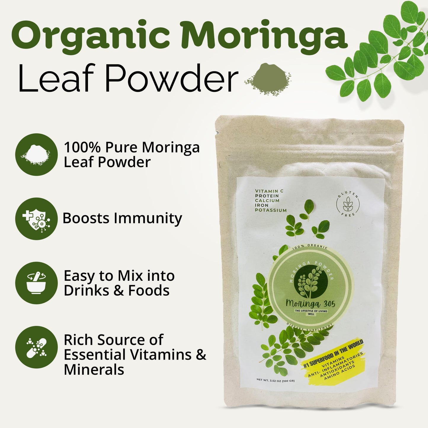 Moringa 305 Organic Moringa Leaf Powder – 100g | Vegan, Non-GMO, Gluten-Free