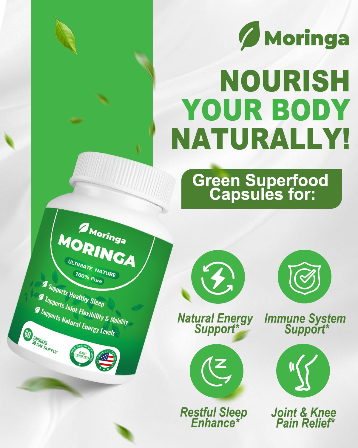 Moringa Capsules 800mg – Pure Moringa Powder Supplement (60 Capsules)