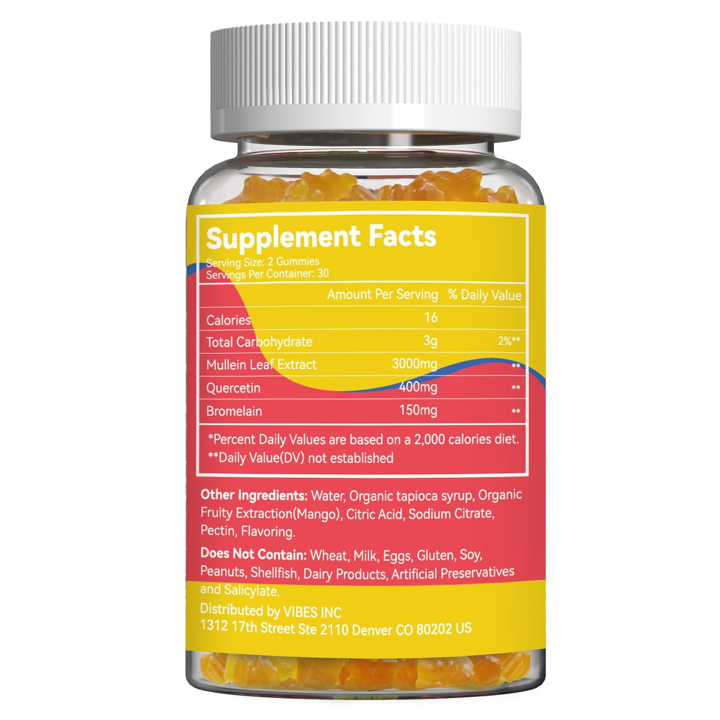 2 Pack Mullein Gummies 3000MG, Sugar Free Mullein Gummies with Bromelain & Quercetin, Mullein Leaf Extract Supplements for Lungs, Vegan, 120 Count