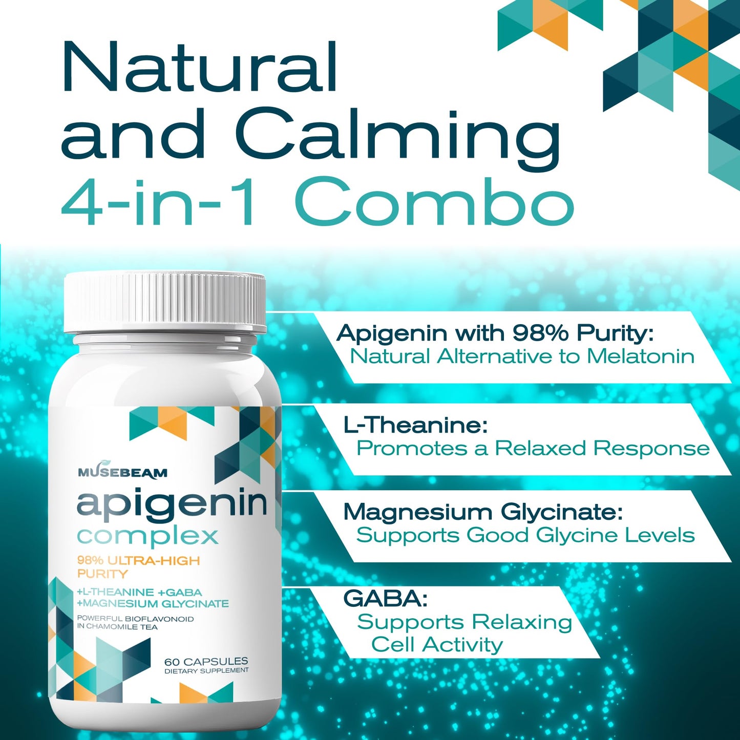 Musebeam Apigenin Supplement for Rest and Relaxation Support - 50mg Apigenin per Capsule with Magnesium Glycinate 275mg, L-Theanine 100mg, GABA 100mg - 98% Ultra-High Purity