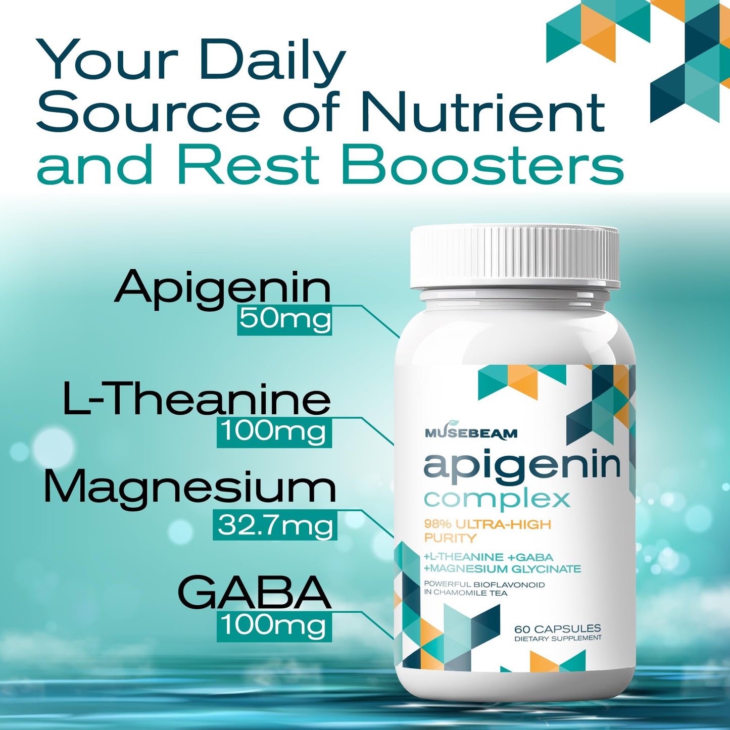 Musebeam Apigenin Supplement for Rest and Relaxation Support - 50mg Apigenin per Capsule with Magnesium Glycinate 275mg, L-Theanine 100mg, GABA 100mg - 98% Ultra-High Purity