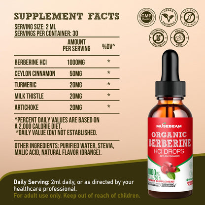Musebeam Berberine HCL Drops 1000mg – 5-in-1 Cinnamon, Turmeric, Milk Thistle & Artichoke | Vegan, Sugar-Free, Gluten-Free 2 fl oz