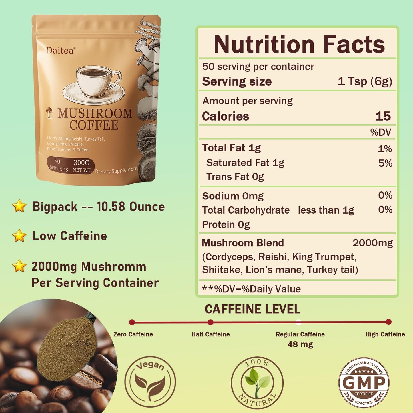 Mushroom Coffee – Adaptogenic Blend with Lion’s Mane, Reishi, Cordyceps, Shiitake, Turkey Tail & King Trumpet | 10.58 oz | 50 Servings