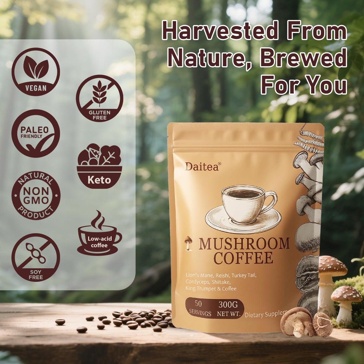 Mushroom Coffee – Adaptogenic Blend with Lion’s Mane, Reishi, Cordyceps, Shiitake, Turkey Tail & King Trumpet | 10.58 oz | 50 Servings