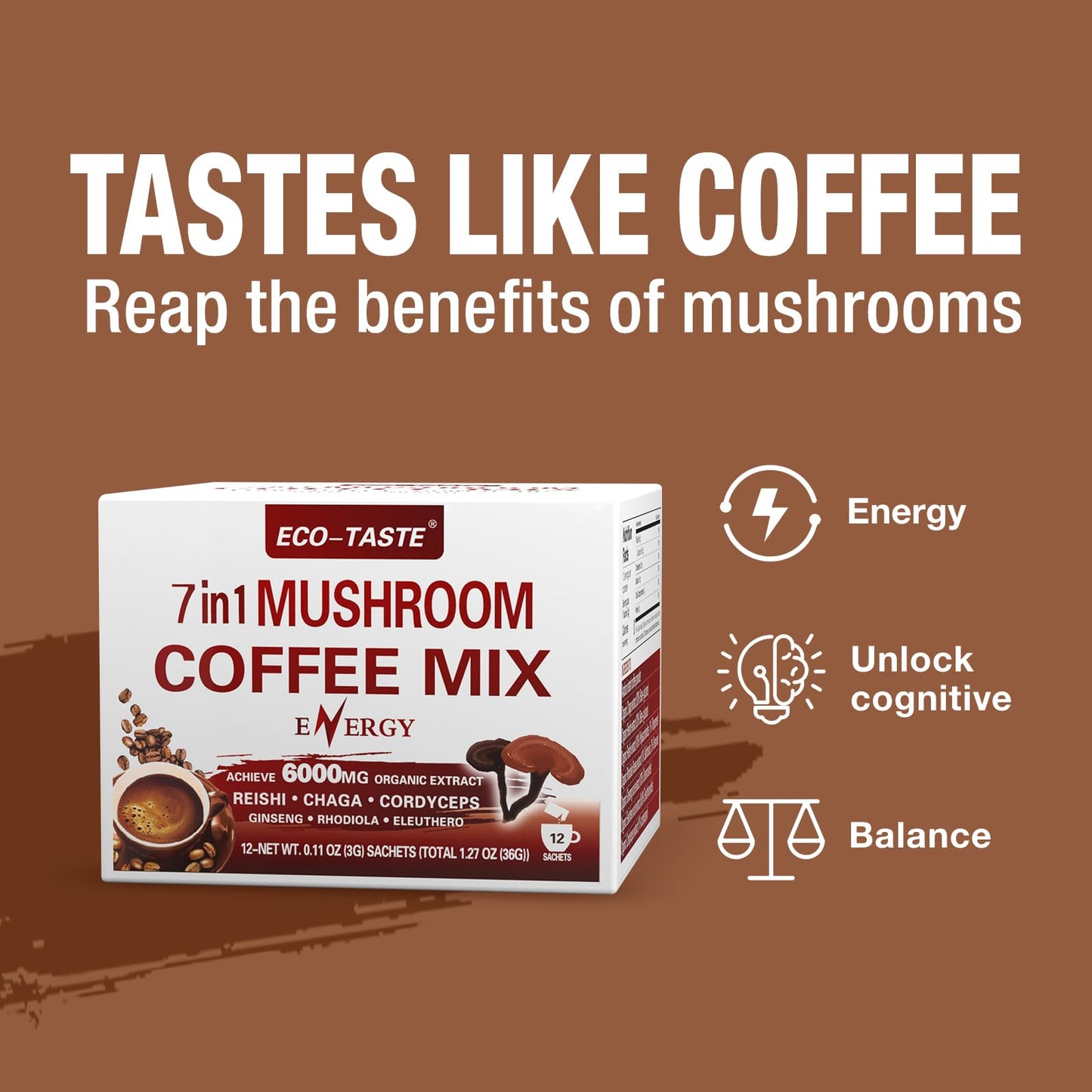 Mushroom Coffee Mix 7 in 1 for Energy — Reishi, Cordyceps, Chaga, Rhodiola, Ginseng, Eleuthero (12 Sachets)