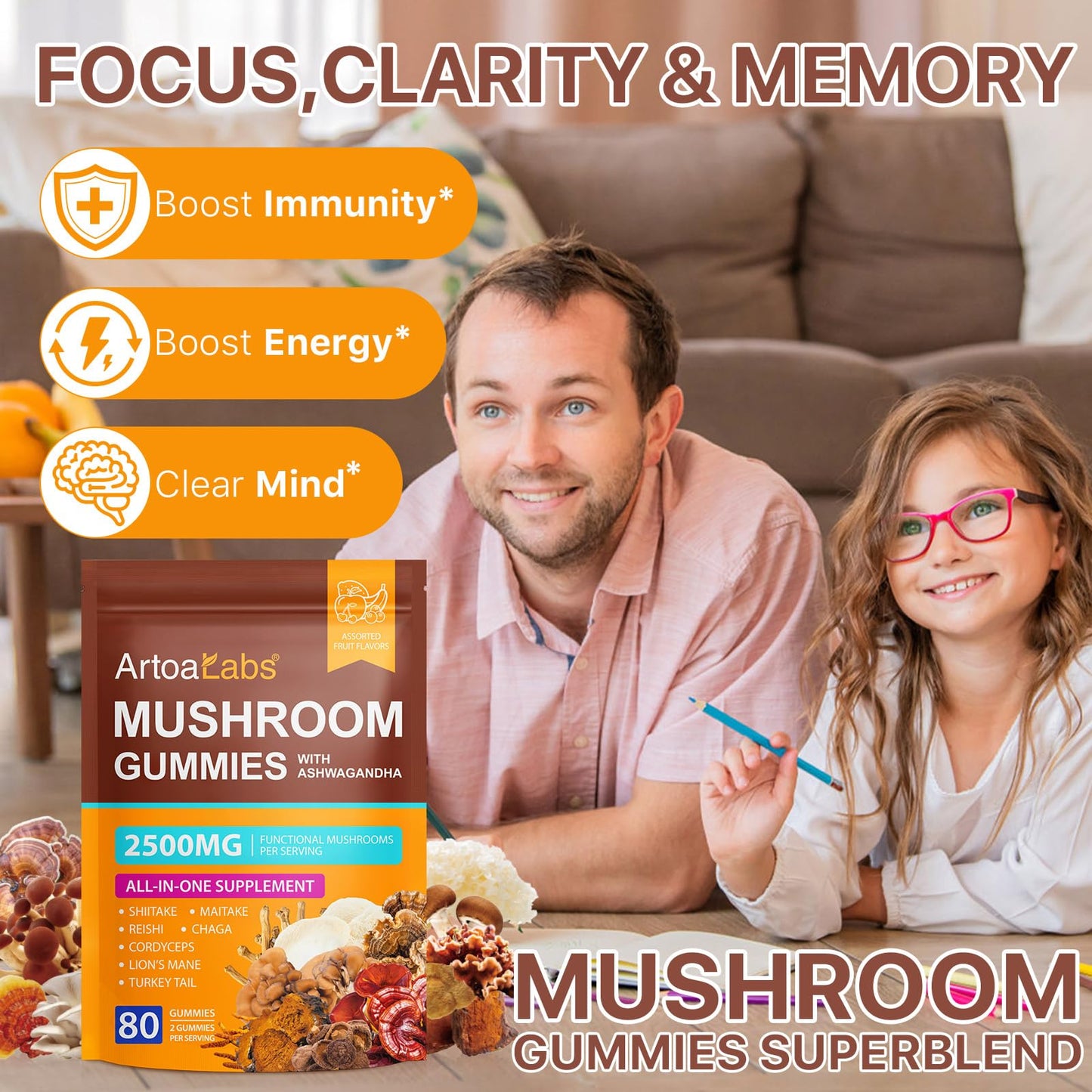 Mushroom Gummies 2500mg - Reishi, Cordyceps & Lions Mane, Immune Support