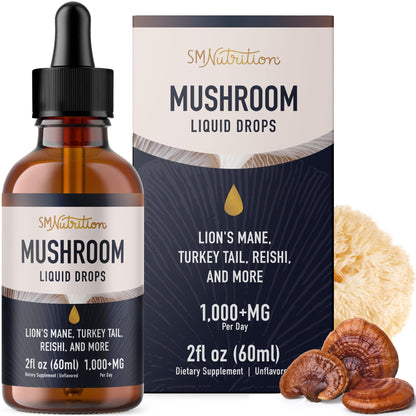 Mushrooms Liquid Drops Complex | Lions Mane & Turkey Tail | 2 Oz, 60 Servings | Non-GMO, Soy-Free