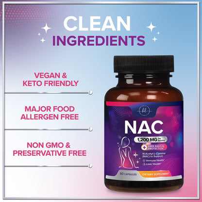 NAC 1200mg Supplement – Immune Support, Antioxidants, Liver & Lung Health | Made in USA, Vegan, Non-GMO, Gluten-Free | 60 Capsules