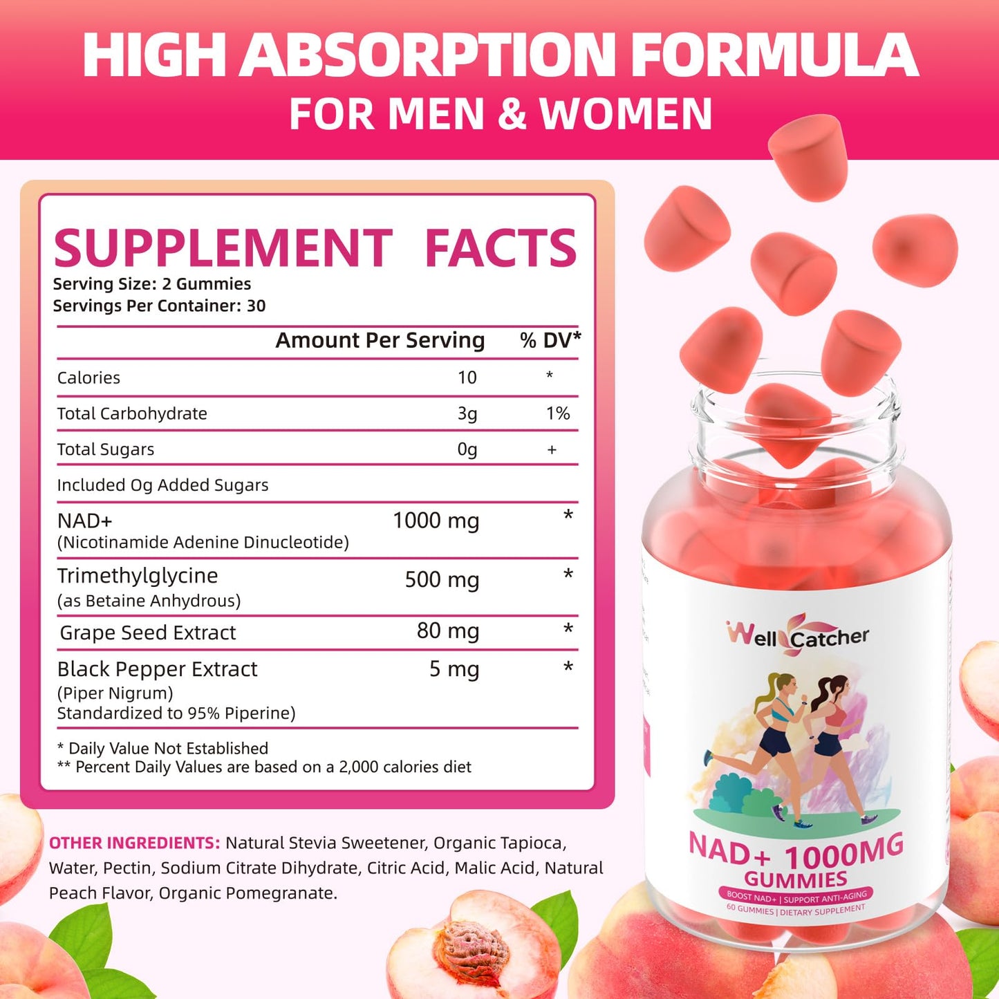 NAD+ Gummies 1000mg – Sugar Free Vitamin B3 Niacinamide (Peach, 60 Count) | NAD+ Boost & Anti-Aging