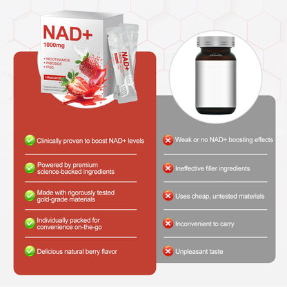 NAD+ Liquid Supplement 1000mg – NR, Resveratrol & PQQ | Berry Flavor | 30 Packs