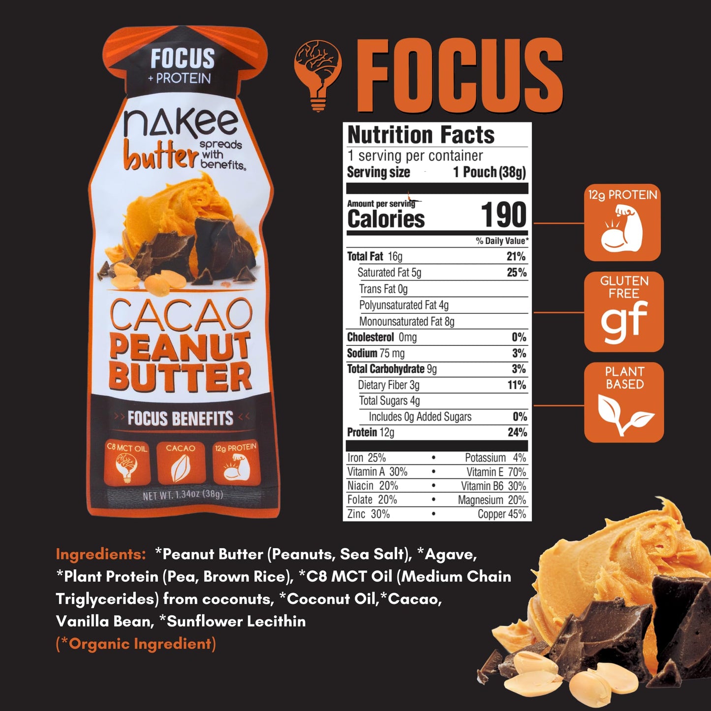 Nakee Butter Focus Cacao Peanut Butter – 12g Protein, C8 MCT Oil, Gluten-Free Keto Spread | 48 Pack