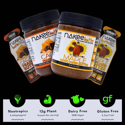 Nakee Butter Focus Cacao Peanut Butter – 12g Protein, C8 MCT Oil, Gluten-Free Keto Spread | 48 Pack