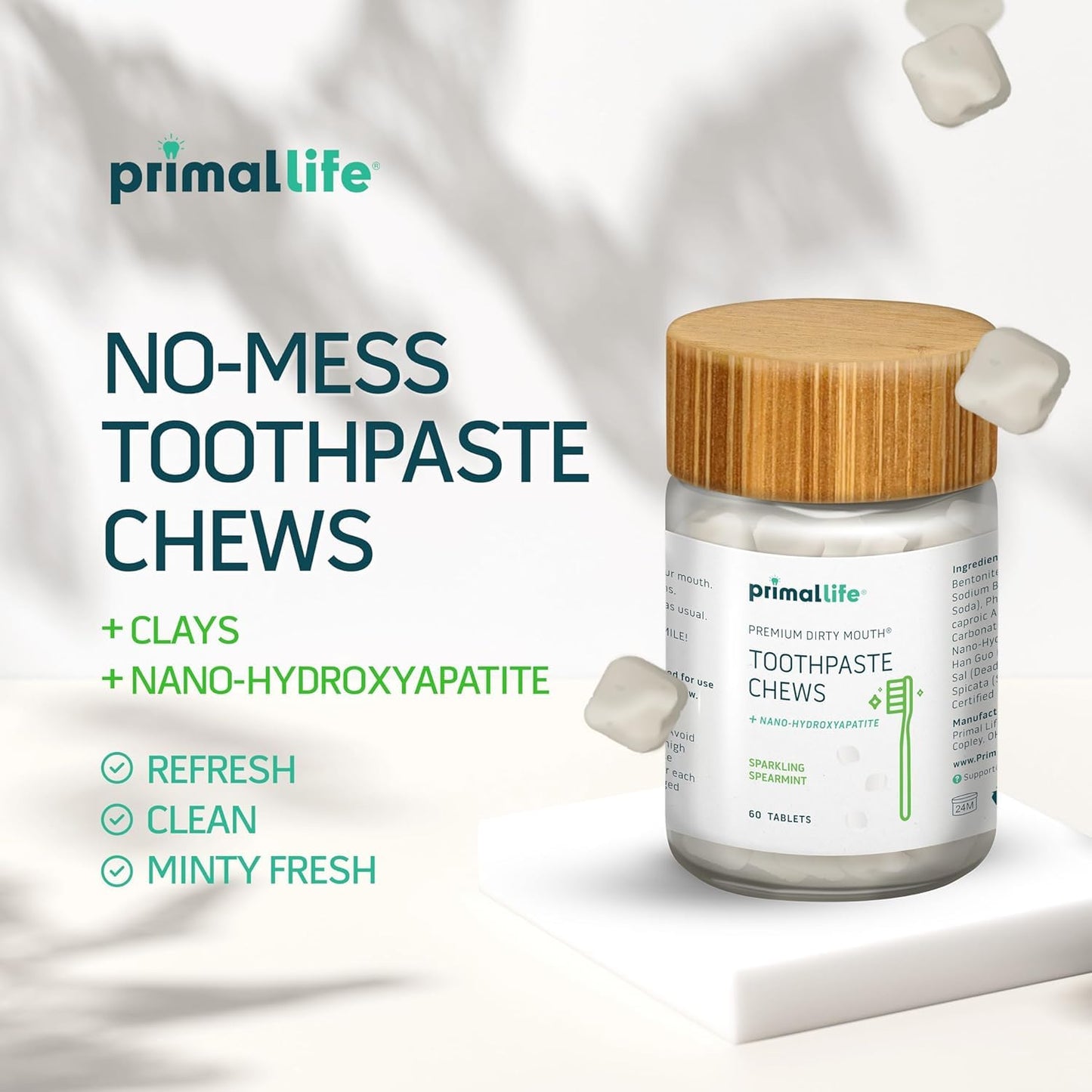Primal Life Organics Dirty Mouth Chews – Nano-Hydroxyapatite Whitening (60 ct, Sparkling Spearmint)