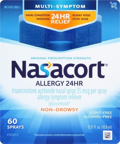 Nasacort 24HR Allergy Nasal Spray for Adults – Non-Drowsy, Alcohol-Free (60 Sprays)