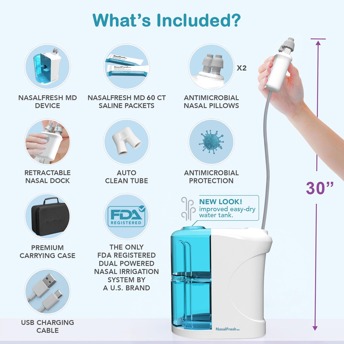 NASALFRESH MD Premium Bundle Dual Powered Nasal Irrigation System | USB Rechargeable, 60 Saline Packets