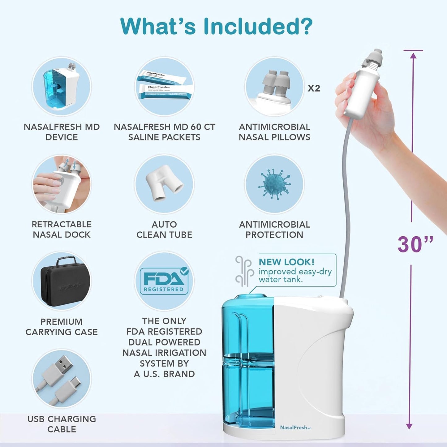 NASALFRESH MD Premium Bundle Dual Powered Nasal Irrigation System | USB Rechargeable, 60 Saline Packets