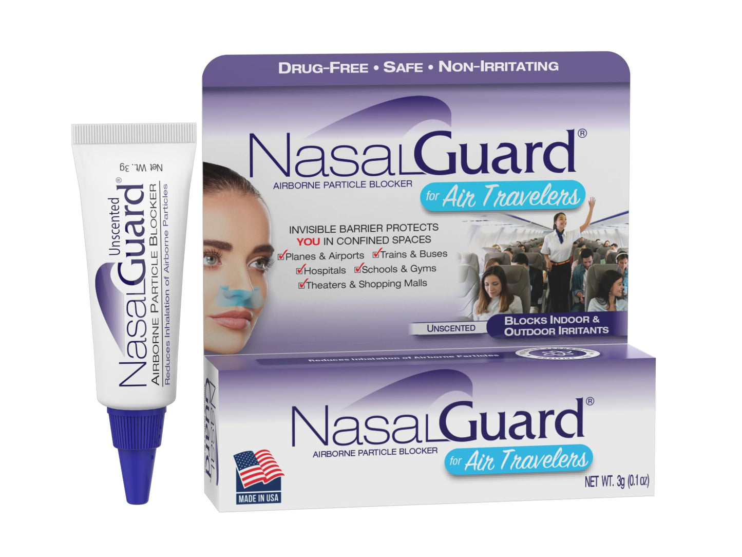 NasalGuard Airborne Particle Blocker Nasal Gel for Travel – Drug-Free, Unscented, 150+ Applications (0.1 oz)