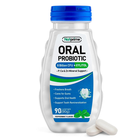 Natprime Oral Health Probiotics – 90 حبة نعناع استحلابية، 8 مليار وحدة مكونة للمستعمرات، 6 سلالات + بروبيوتيك وكالسيوم