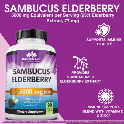 NaturaLife Sambucus Elderberry 5,000 mg (65:1) + Vitamin C & Zinc – 90 Veg Capsules