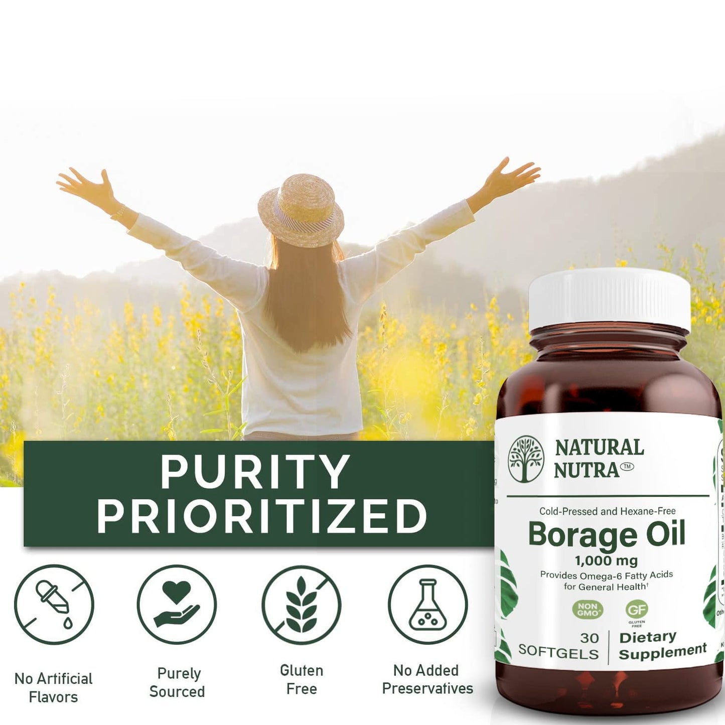 Natural Borage Oil Supplement with GLA – Supports Skin, Nerve & Joint Health (30 Soft Gels)