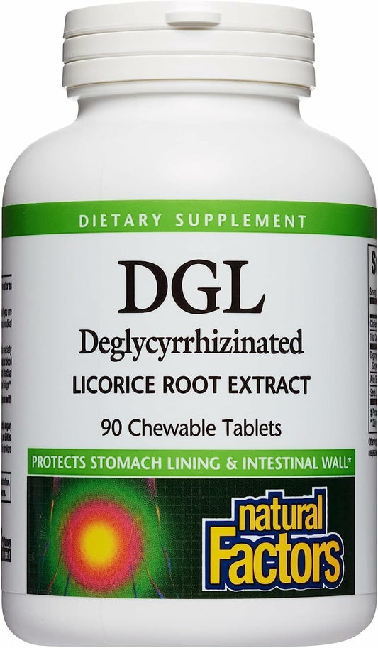 Natural Factors DGL Chewable - دعم الجهاز الهضمي بجذر عرق السوس، 90 جرعة، غير معدّل وراثيًا وخالٍ من الجلوتين