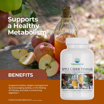 Nature's Lab Apple Cider Vinegar 1200mg with Chromium – 120 Capsules (60 Day Supply)