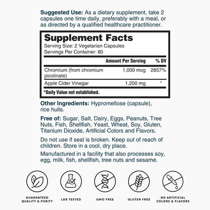 Nature's Lab Apple Cider Vinegar 1200mg with Chromium – 120 Capsules (60 Day Supply)