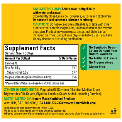 Nature Made Magnesium Oxide 400 mg Softgels – Extra Strength, 110-Count