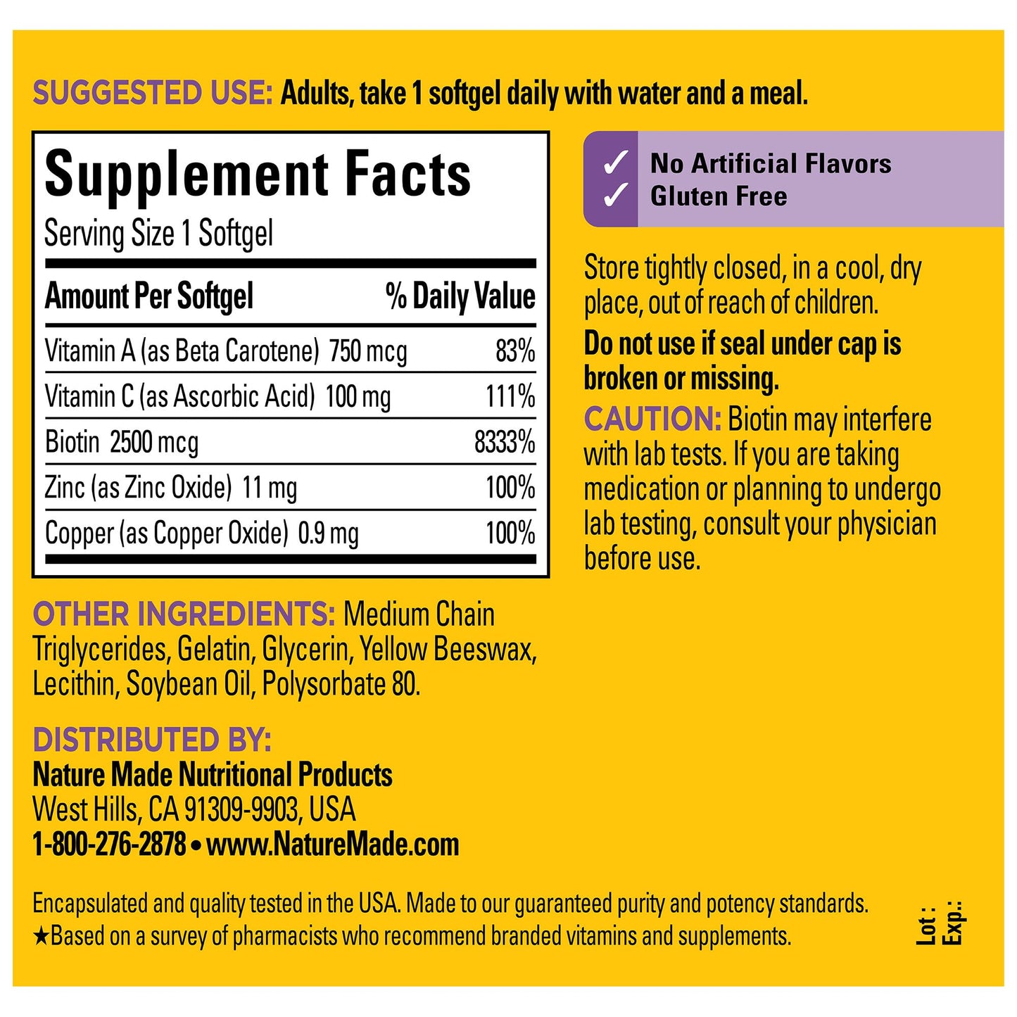 Nature Made Hair Skin Nails with Biotin 2500 mcg Softgels – 120 Count