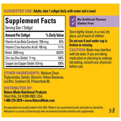 Nature Made Hair Skin Nails with Biotin 2500 mcg Softgels – 120 Count