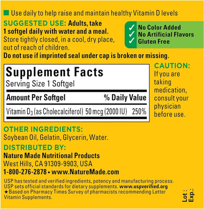 Nature Made Vitamin D3 2000 IU (50 mcg) 90 Softgels – Immune, Bones & Muscle Support