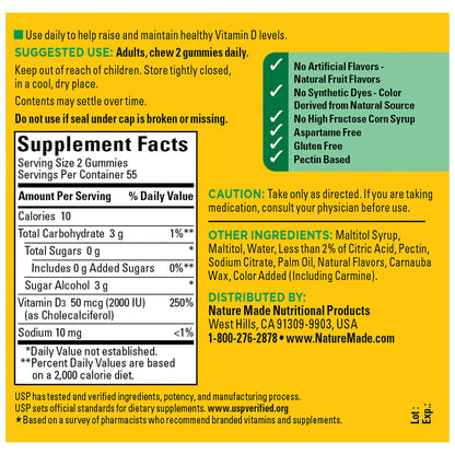 Nature Made Zero Sugar Vitamin D3 Gummies 2000 IU (50 mcg) – 55 Day Supply