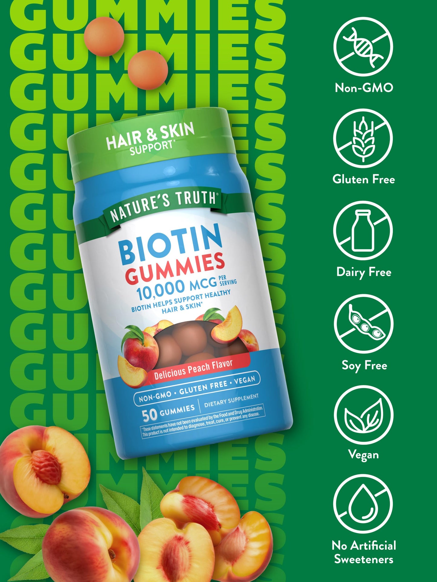 Nature's Truth Biotin Gummies 10000 mcg | 50 Count | Vegan, Non-GMO & Gluten Free | Peach