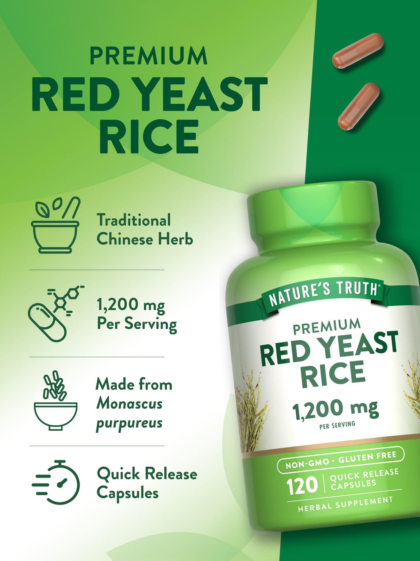 Nature's Truth Red Yeast Rice Capsules 1200 mg - 120 Count | Non-GMO & Gluten Free