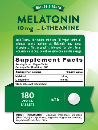 Nature's Truth Melatonin 10mg with L-Theanine – 180 Count | Vegan, Non-GMO & Gluten Free