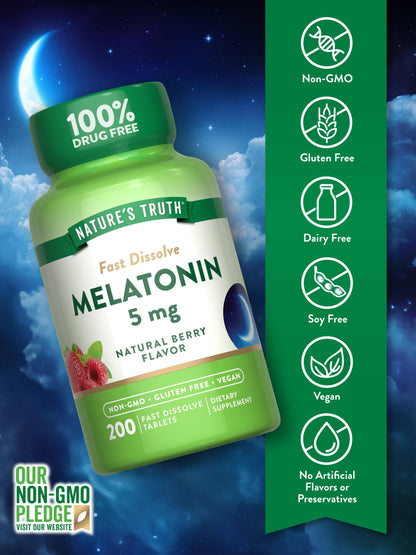 Nature's Truth Melatonin 5mg Fast Dissolve – 200 Count | Vegan & Gluten Free