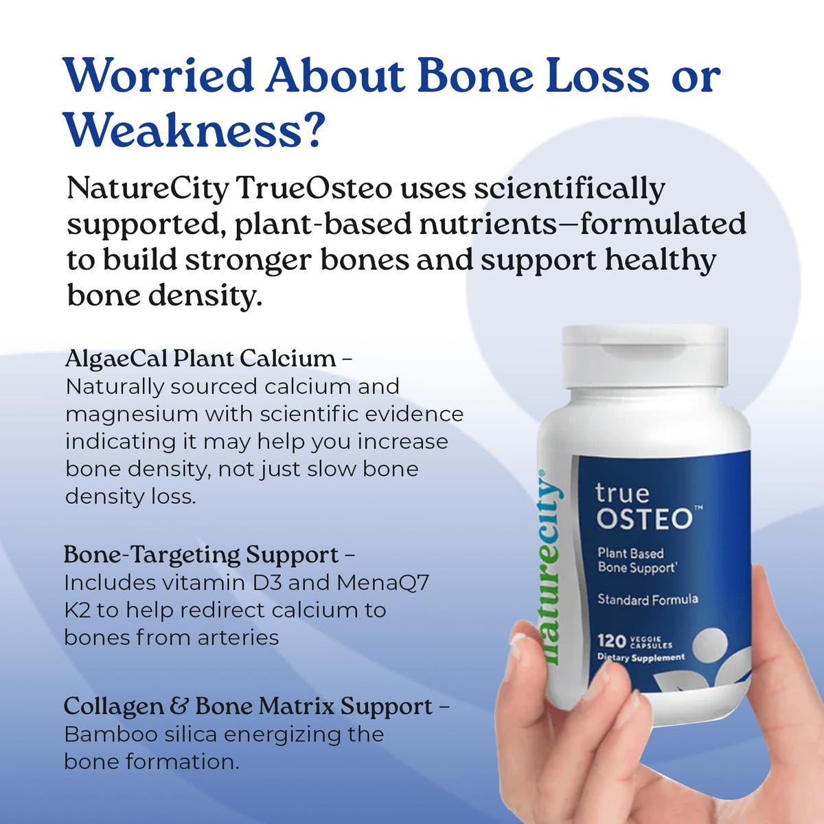NatureCity True-Osteo: Plant-Based Calcium + Magnesium with Vitamin D3 & K2 | 360 Capsules