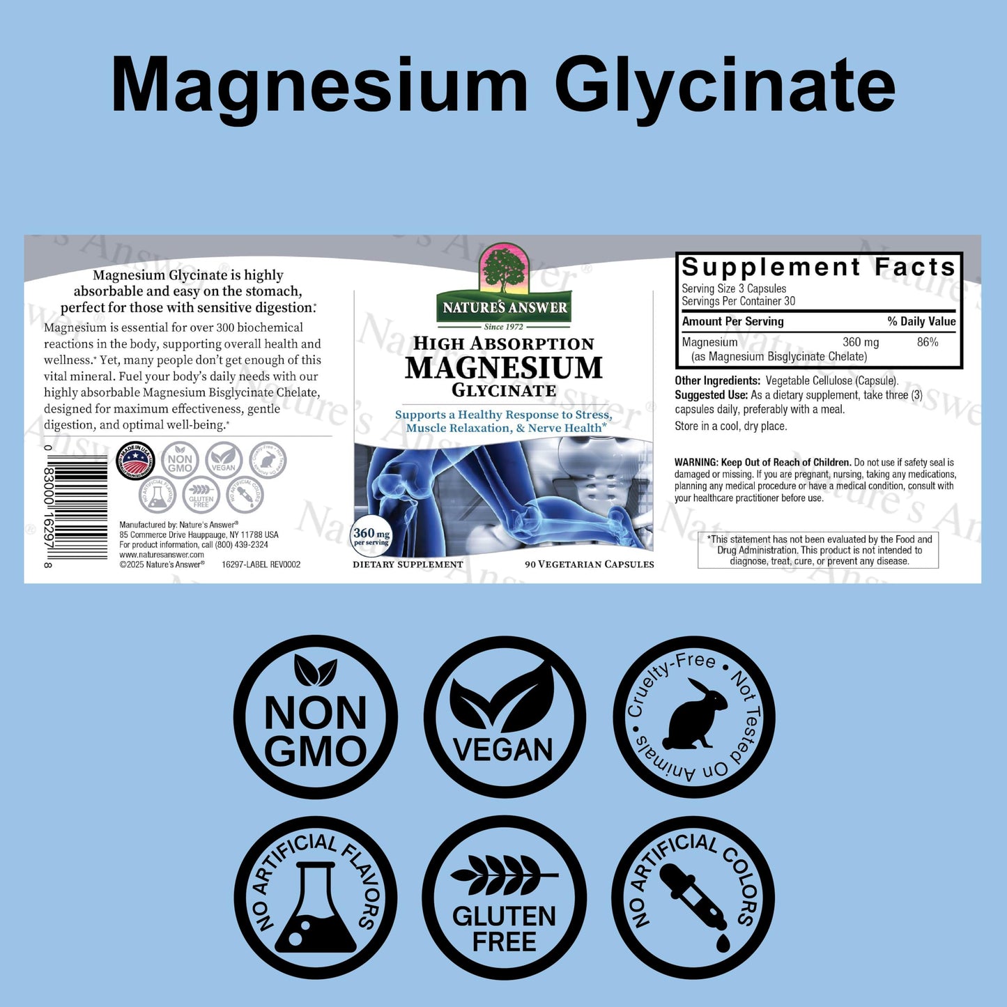 Nature's Answer Magnesium Glycinate Vegetarian Capsules 90 Count | Muscle Function, Relaxation & Stress Support | Vegan, Non-GMO, Made in USA