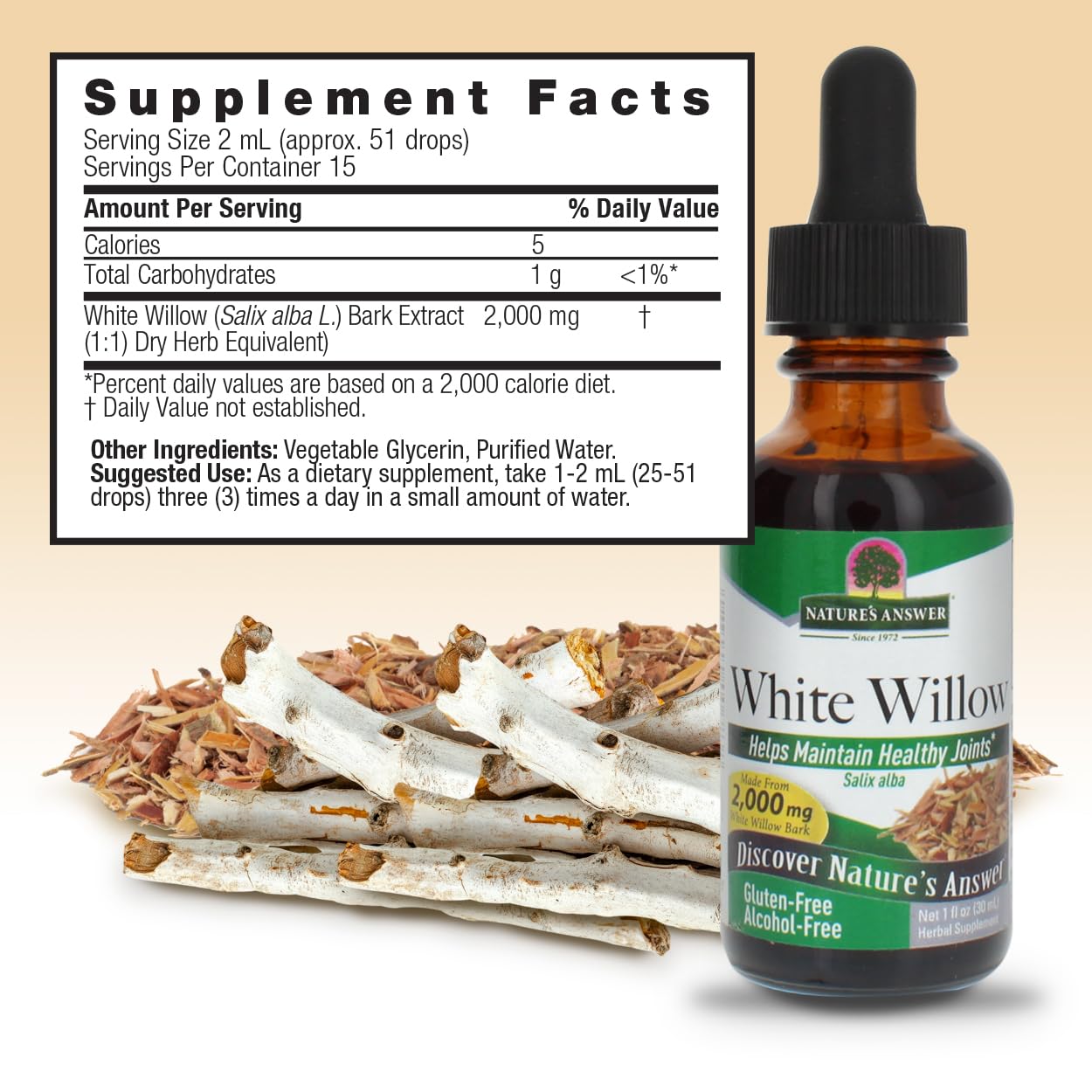 Nature's Answer White Willow Bark Extract 1 oz — Alcohol-Free, Gluten-Free, Non-GMO, Vegetarian Joint Support