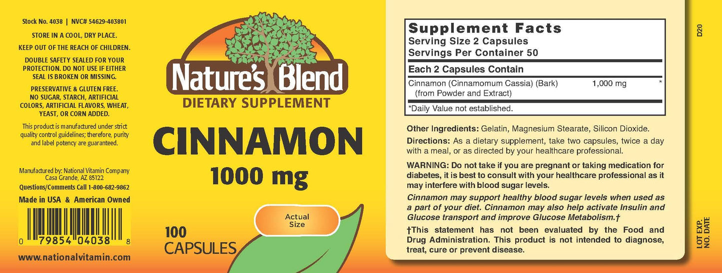 Nature's Blend Cinnamon 1,000 mg 100 Caps | Support Healthy Blood Sugar