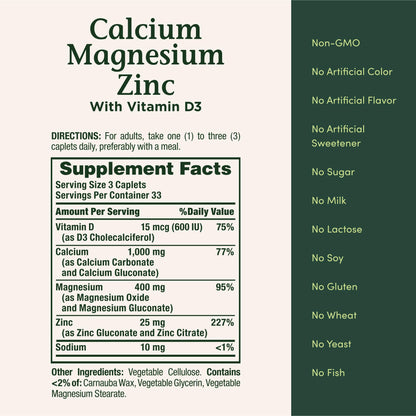 Nature's Bounty Calcium Magnesium Zinc Caplets – Bone & Immune Health, 1000mg Calcium, 400mg Magnesium, 600 IU Vitamin D, Gluten Free | 100 Caplets
