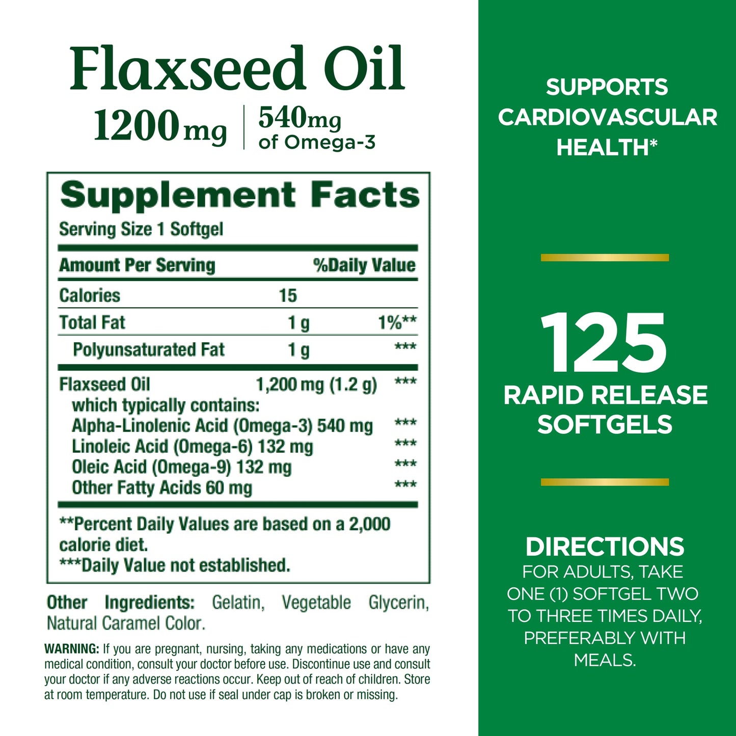 Nature's Bounty Flaxseed & Omega-3 1200mg Softgels - Cardiovascular Health, 125 ct